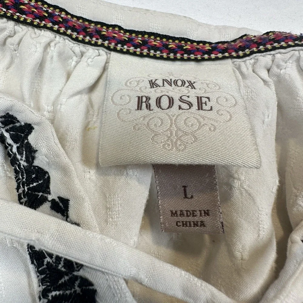 Knox Rose Top Womens L Peasant Embroidered Raglan Sleeve Tie‎ Neck White Boho